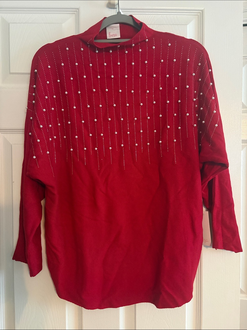 Faina Red Mock Neck Embellished Sweater